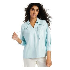 Alfani Womens Pocketed 3/4 Sleeve, Collared Faux-Leather Top, XL, -DAMAGED